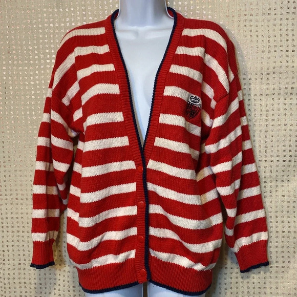 Vintage Studio HQ knit Cardigan with Red & White Stripes Navy Blue Trim - Picture 10 of 10